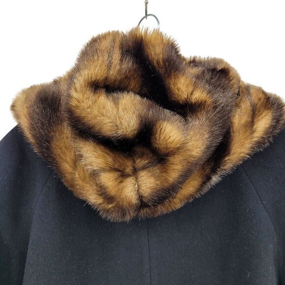 Vintage 80s Black Wool Coat 2X Faux Fur Hood Cuffs Button Front USA City Classic - Picture 9 of 11